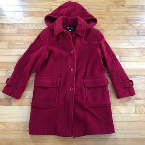 Vintage Duffle Style Wool Coat with Hood in Cherry Red